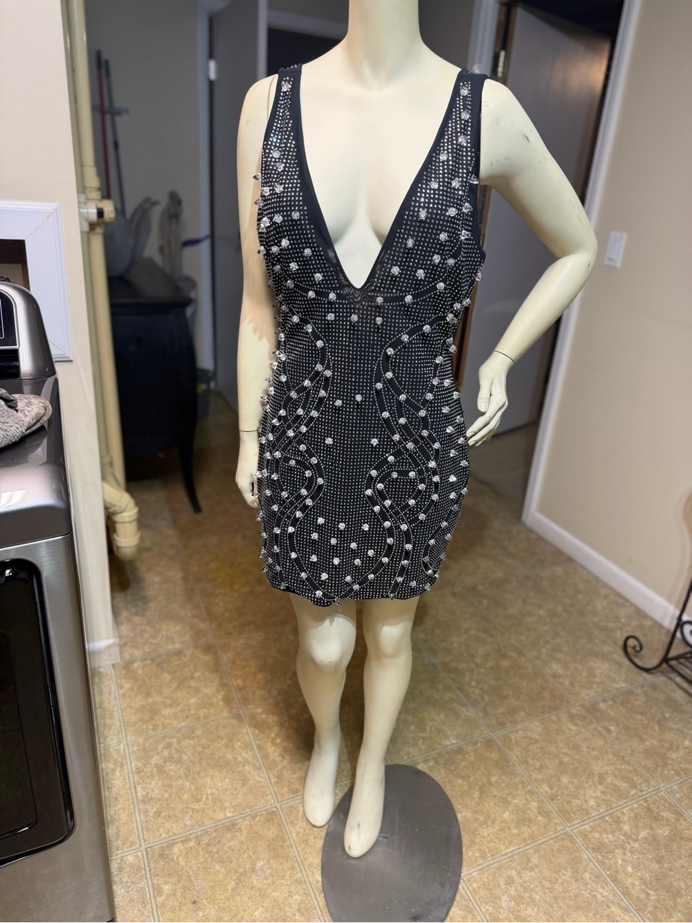AKIRA Black Deep V Rhinestone Mini Dress